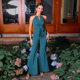 Halter Off The Shoulder Sleeveless V Neck Slim Waist Slimming Jumpsuit Evening Dress